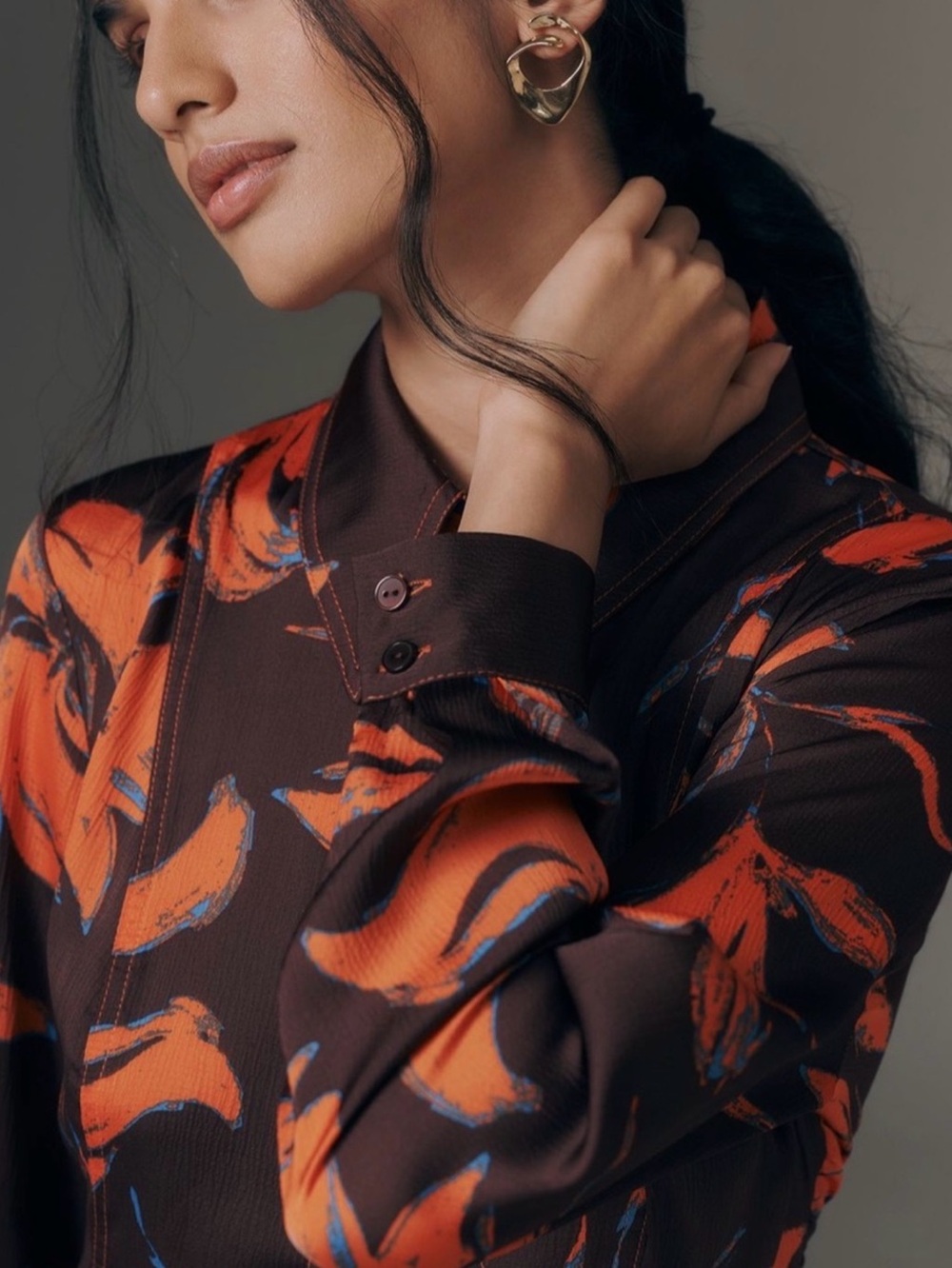 Exquise Long Sleeve Satin Shirt Dress Button Front New XXS Purple Orange Floral - Picture 3 of 13